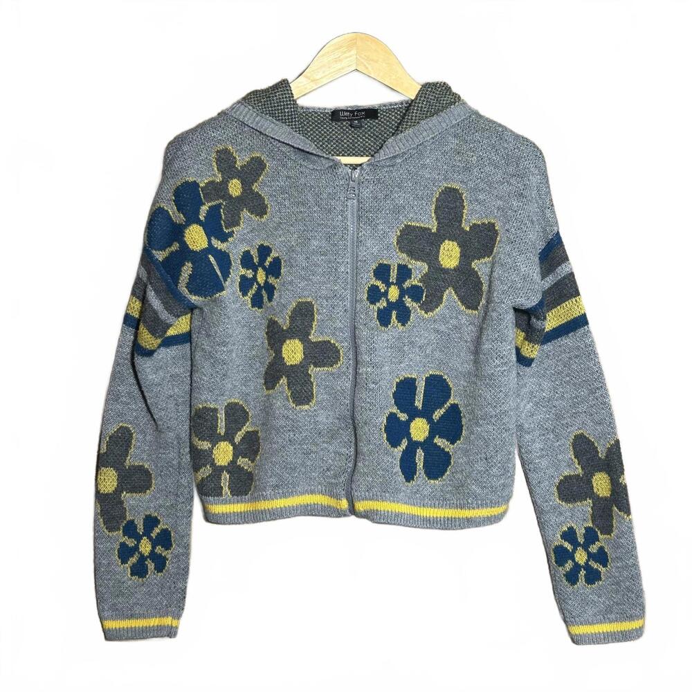 Witty Fox Womens Gray Floral Hoodie Sweater Size XS Y2K